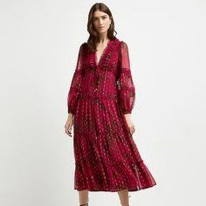 River Island Magenta Brown Gold Paisley Floral Maxi
